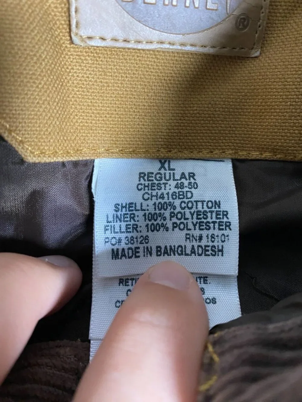 Berne Mens Tan Work Jacket XL Regular Cotton Shell Corduroy Collar Insulated